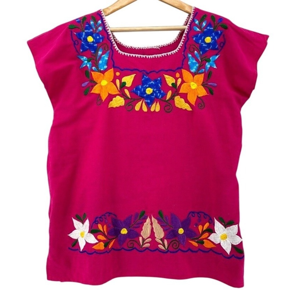 VTG Mexican Hand Embroidered Floral‎ Magenta Pink Peasant Blouse Boho Huipil Top